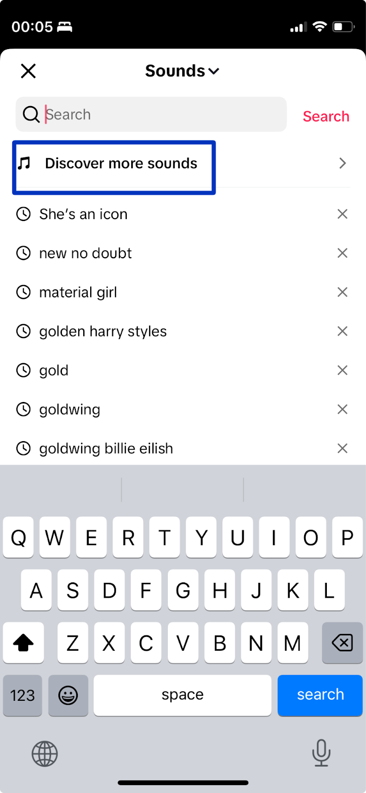 The "discover more sounds" button in TikTok's sound search feature