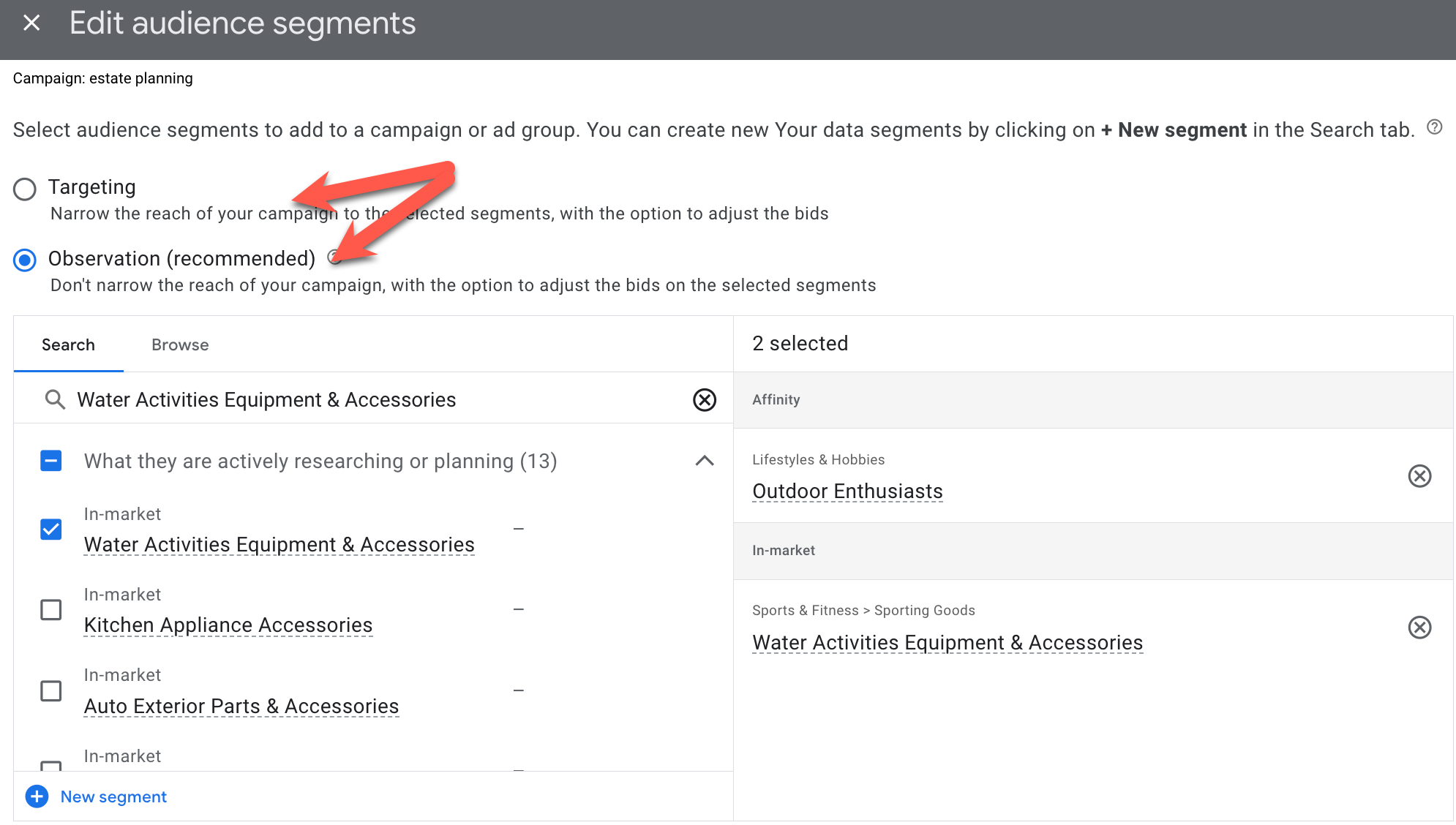 screenshot of google ads audience observation and targeting settings