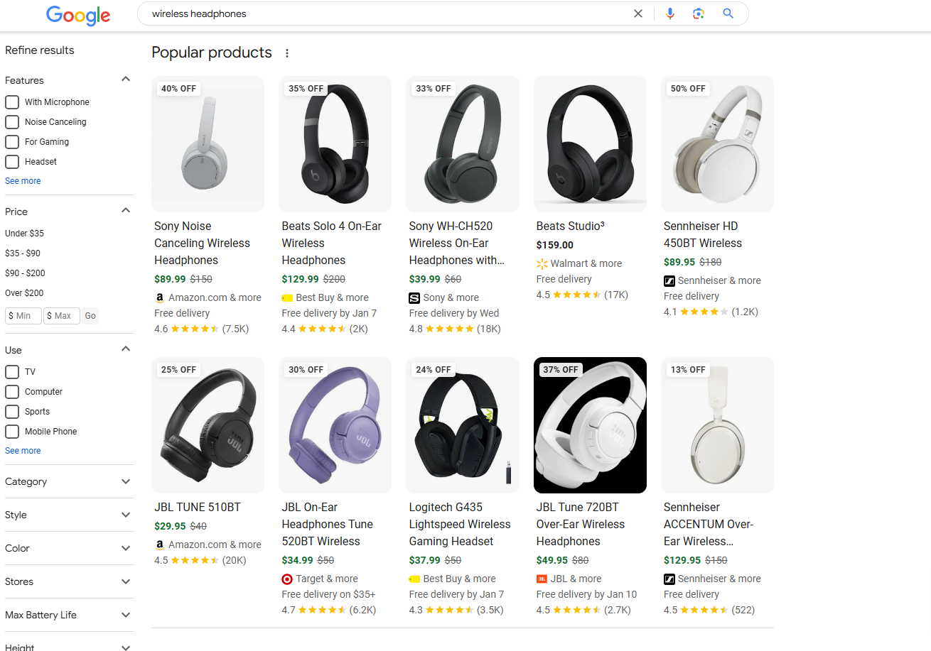 Screenshot from search for [wireless headphones], Google, January 2025