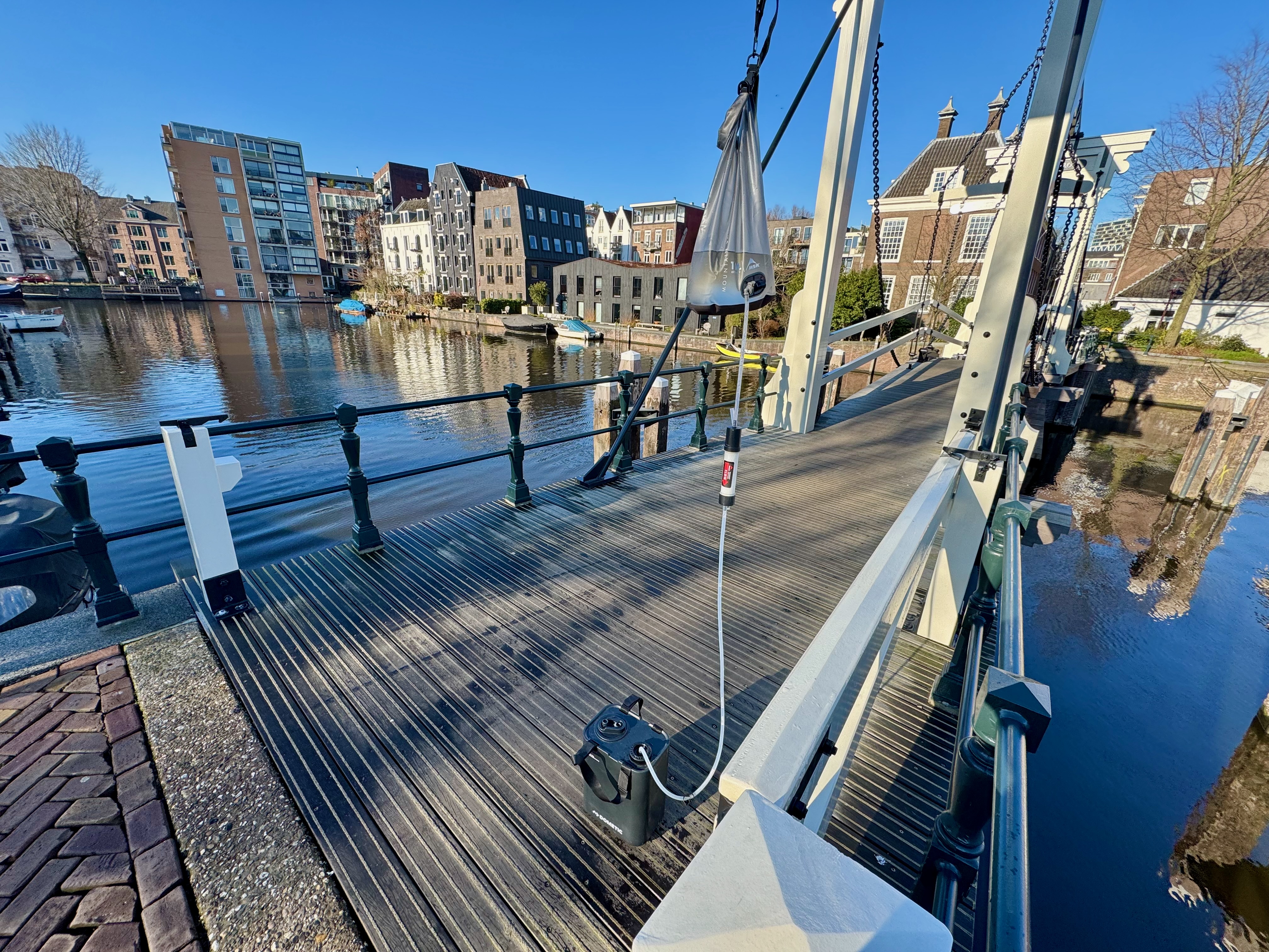 The Go jug paired with MSR’s XL gravity bag and Guardian water purifier cartridge. It’s going to take a real emergency to drink Amsterdam canal water.