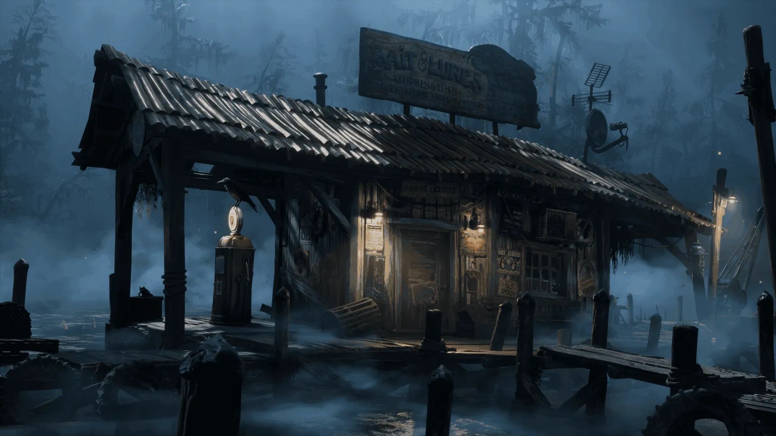 Screenshot from South of Midnight featuring a dilapidated country gas station. 