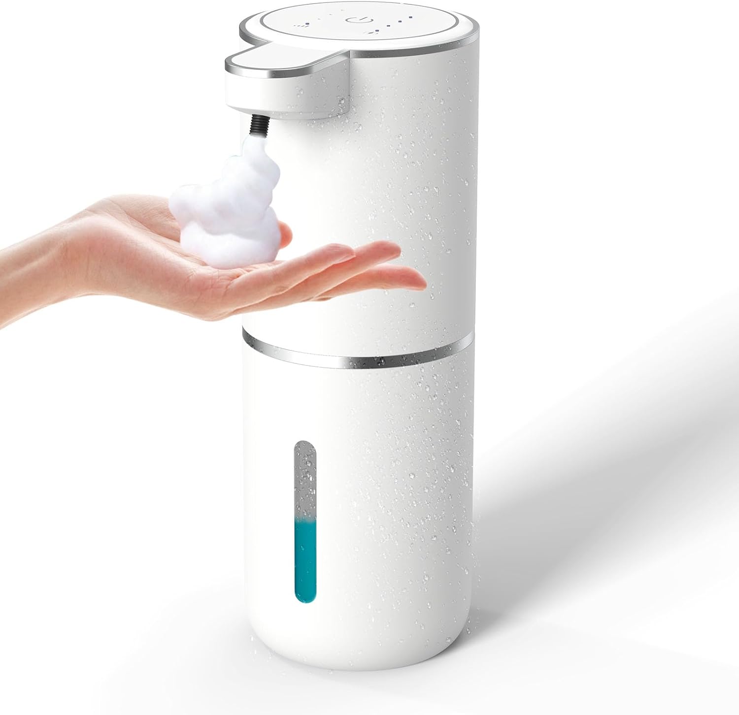 A hand receiving soap gel from a white soap dispenser.