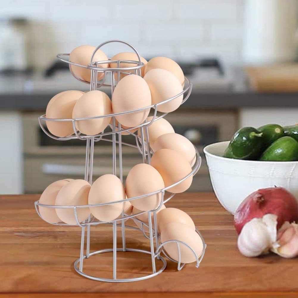 A spiral metal sire countertop structure that holds about a dozen eggs.