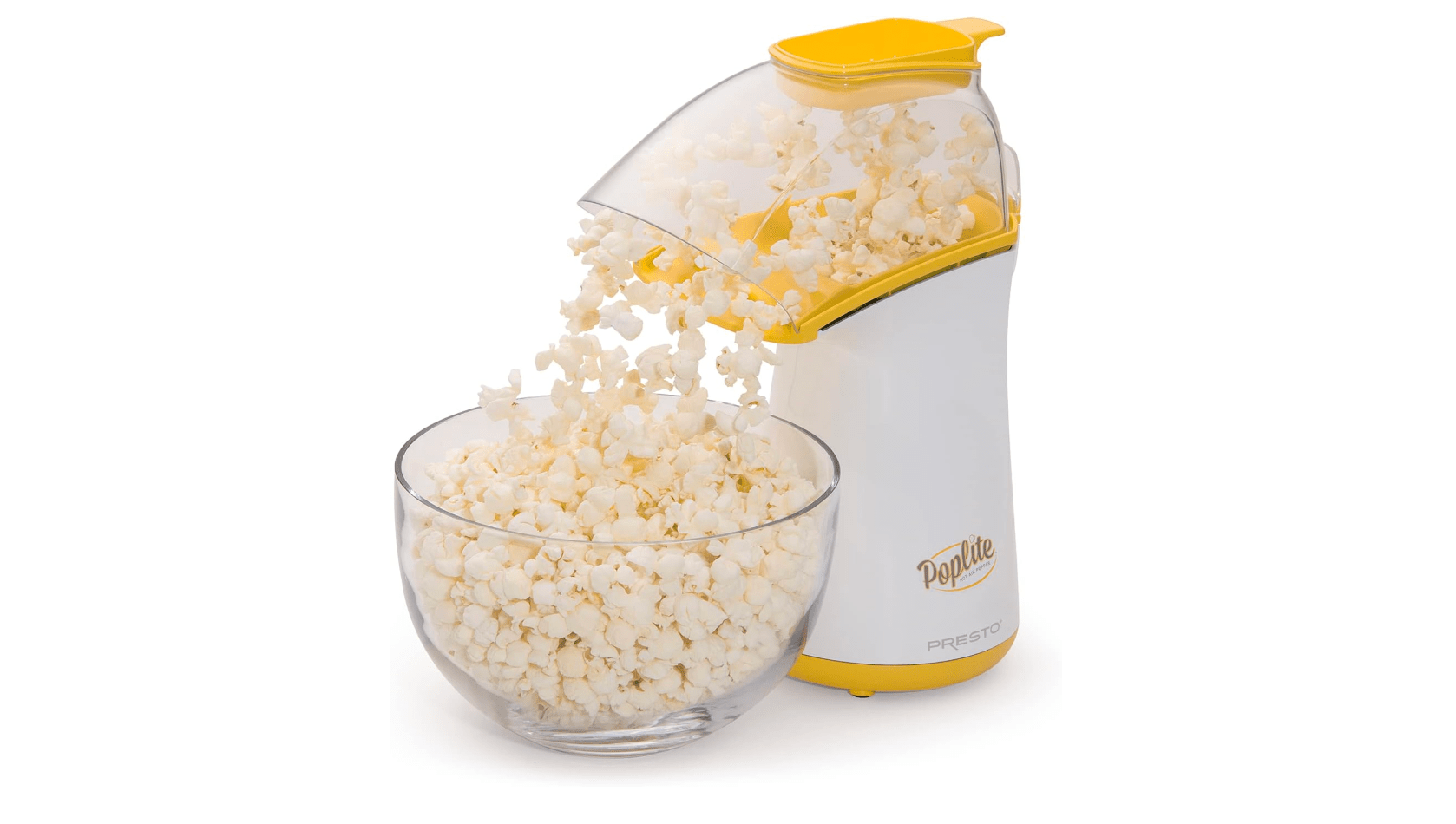 Hot-air popcorn popper dropping popcorn into a bowl.