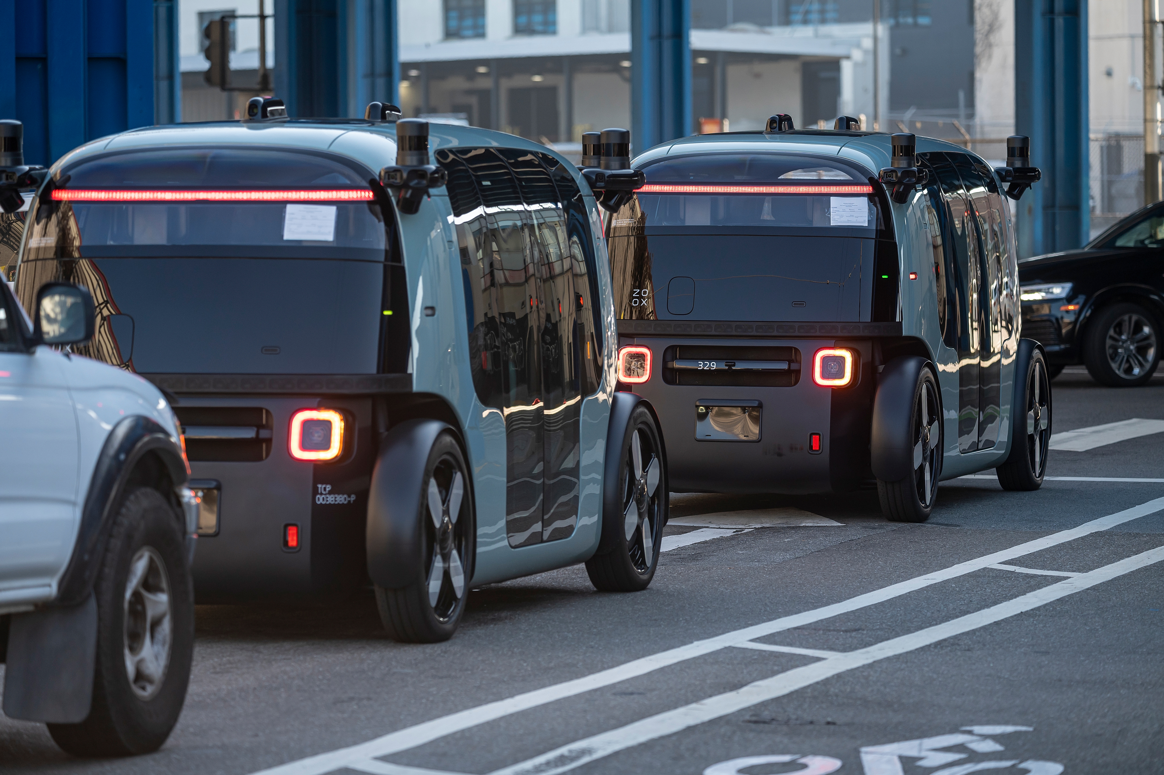 Zoox autonomous robotaxis in San Francisco, California, US, on Wednesday, Dec. 4, 2024. Amazon owned Zoox Inc. has started testing its electric robotaxis in San Francisco’s SoMa neighborhood. Photographer: David Paul Morris/Bloomberg via Getty Images