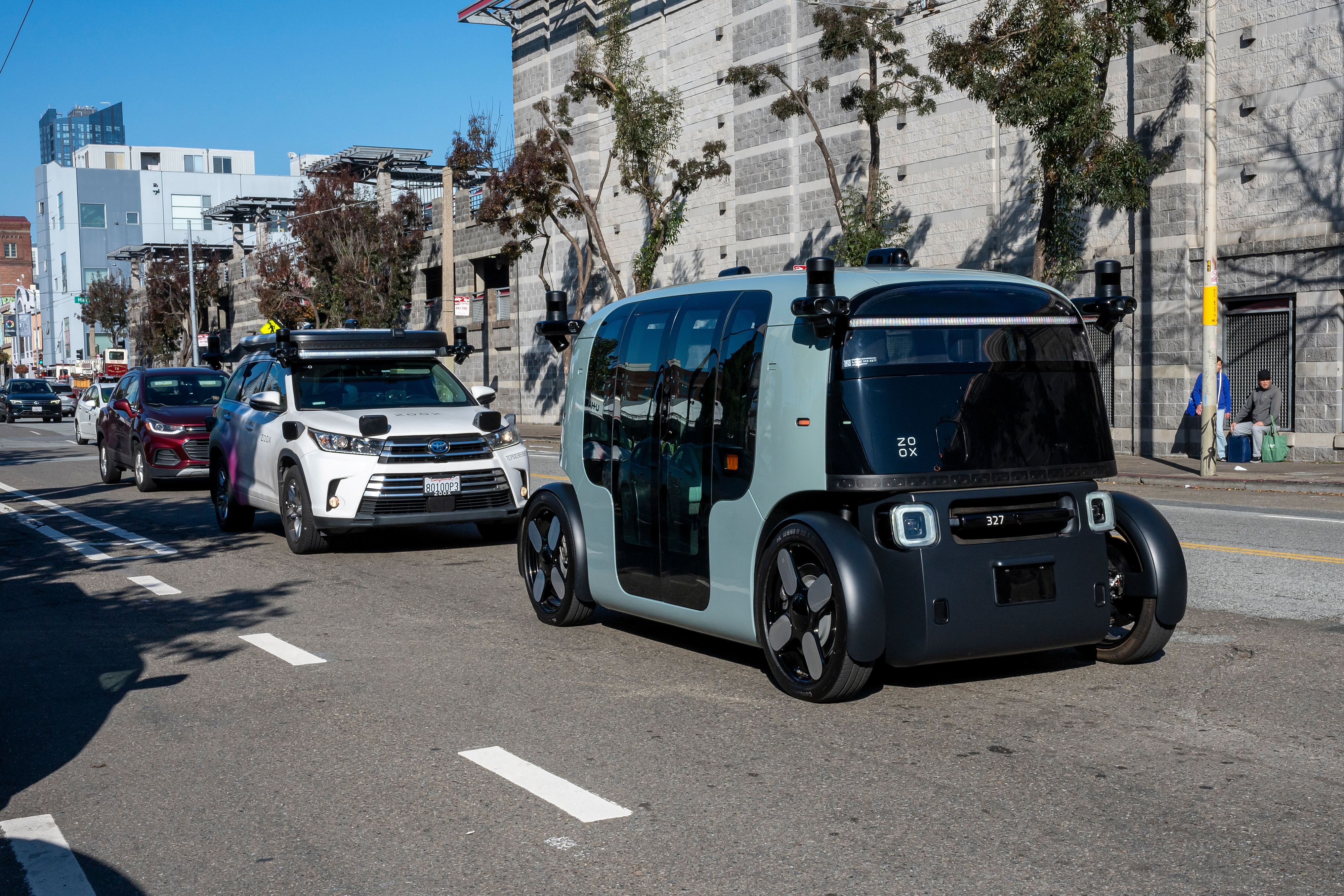 A Zoox autonomous robotaxi in San Francisco, California, US, on Wednesday, Dec. 4, 2024. Amazon owned Zoox Inc. has started testing its electric robotaxis in San Francisco’s SoMa neighborhood. Photographer: David Paul Morris/Bloomberg via Getty Images