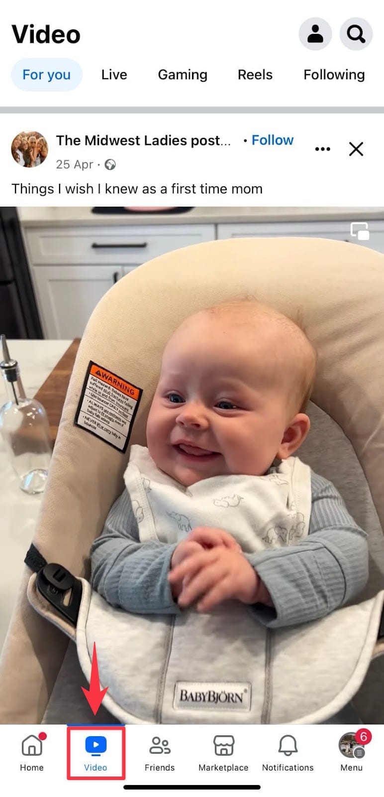 Screenshot showing placement of Facebook video feed